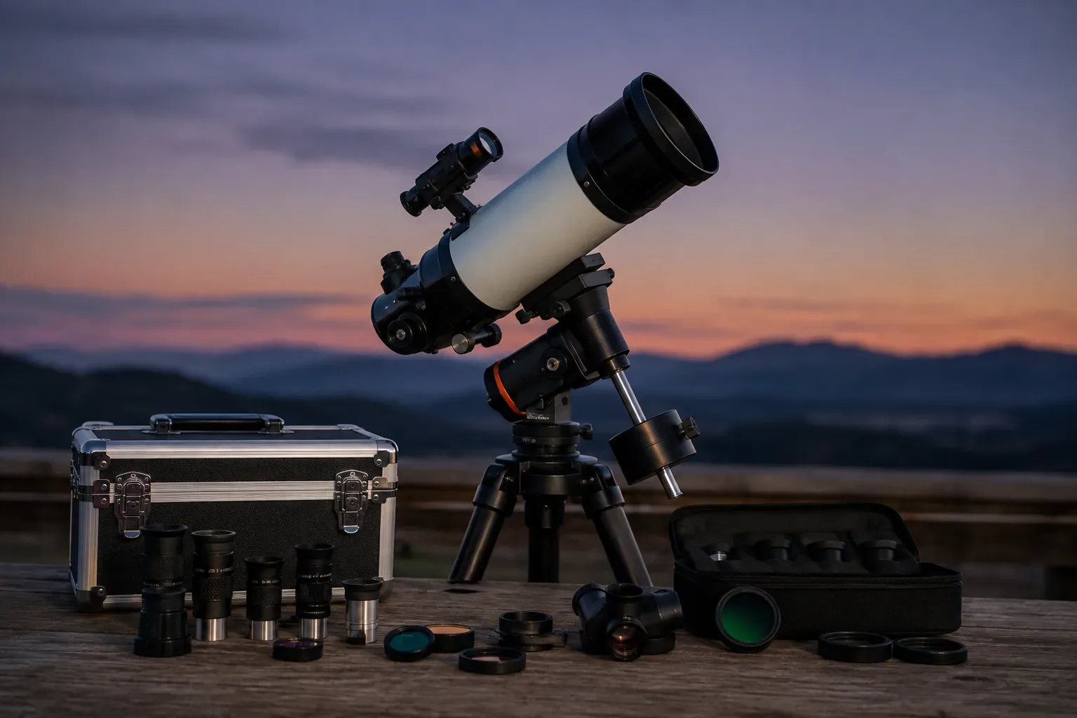 Telescope with eyepieces, a filter, and a case laid out beside it