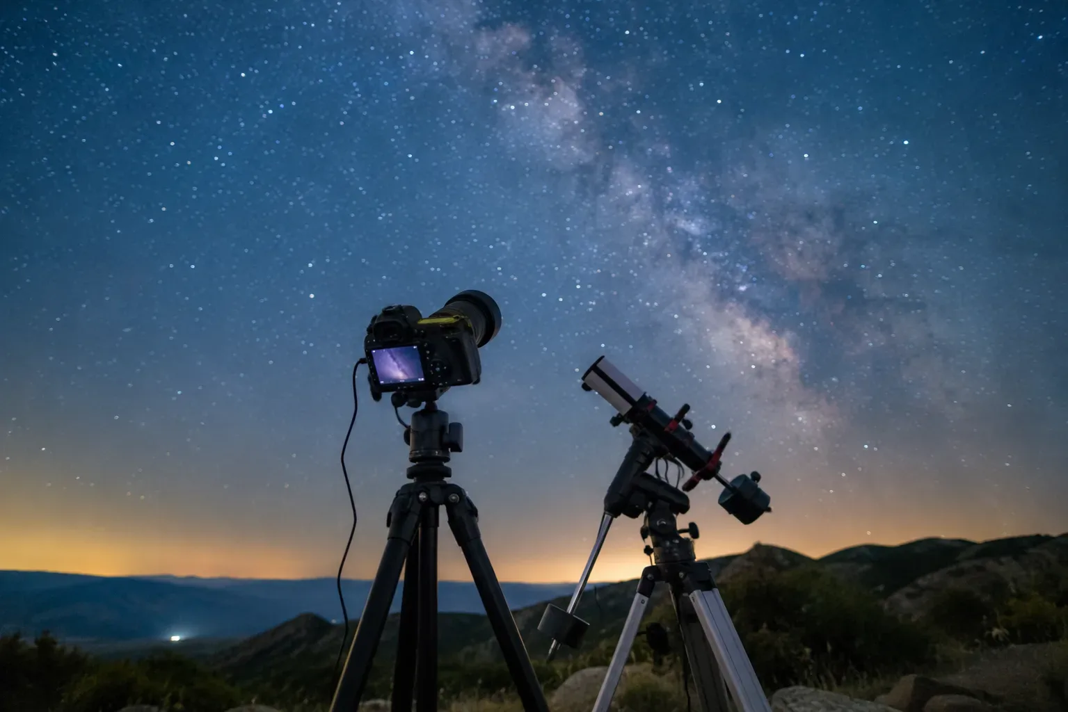 Beginner astrophotography setup with a camera and tripod under a starry sky