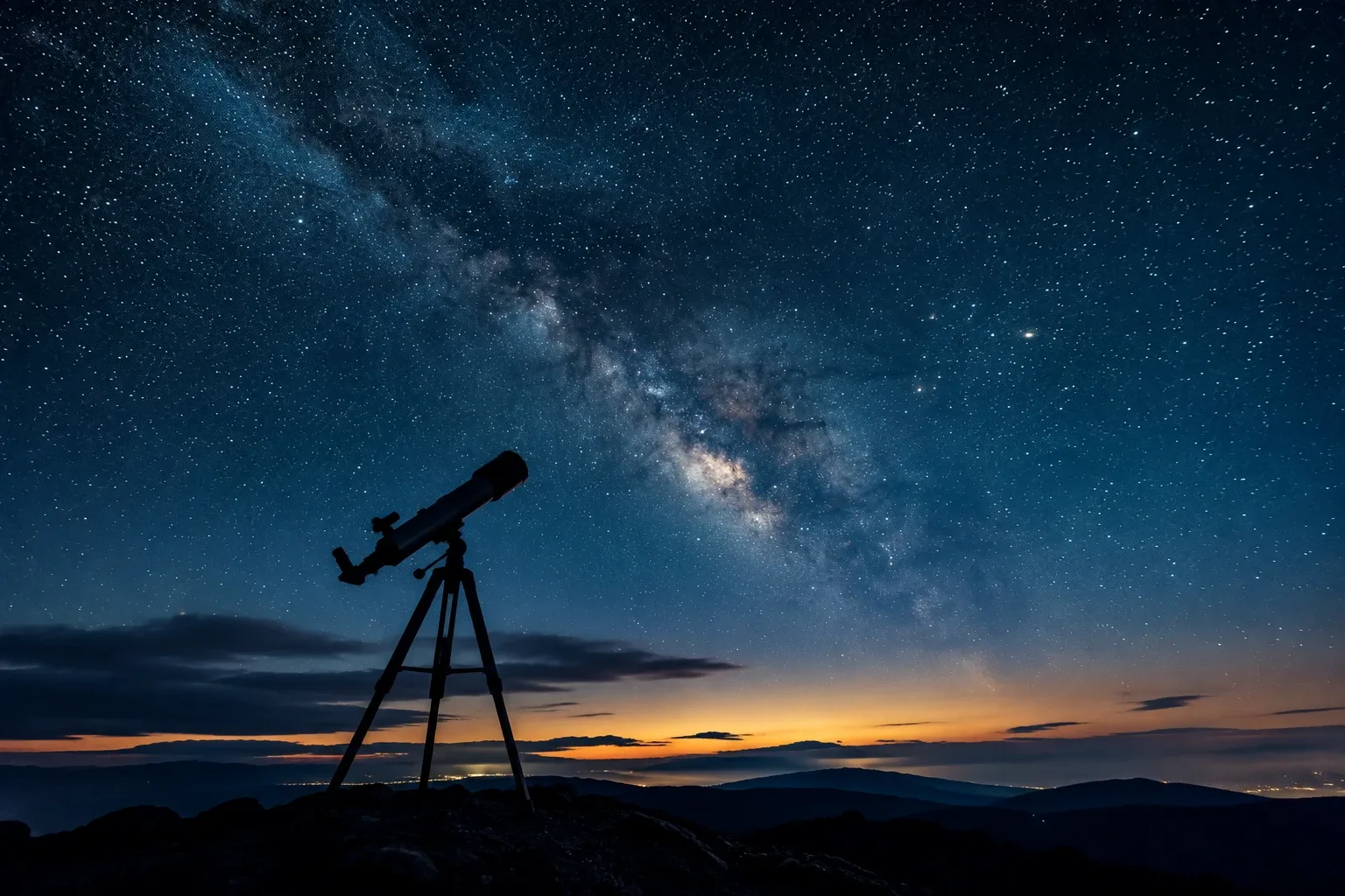Beginner using a telescope outdoors under a starry sky
