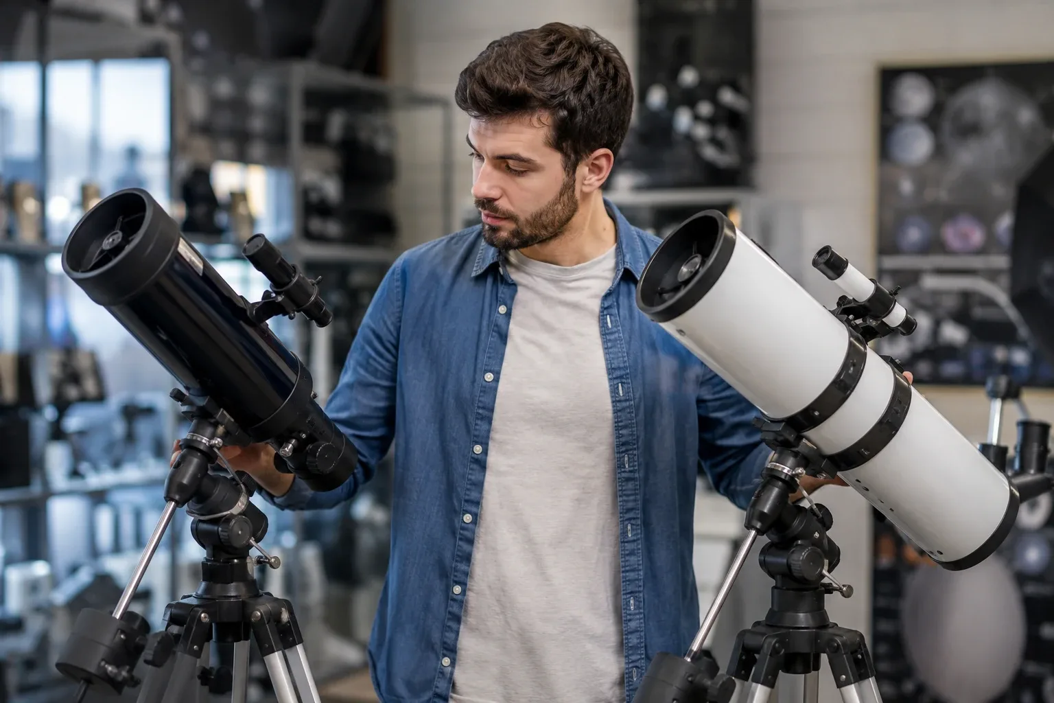 Adult telescope next to a kids' telescope, size comparison