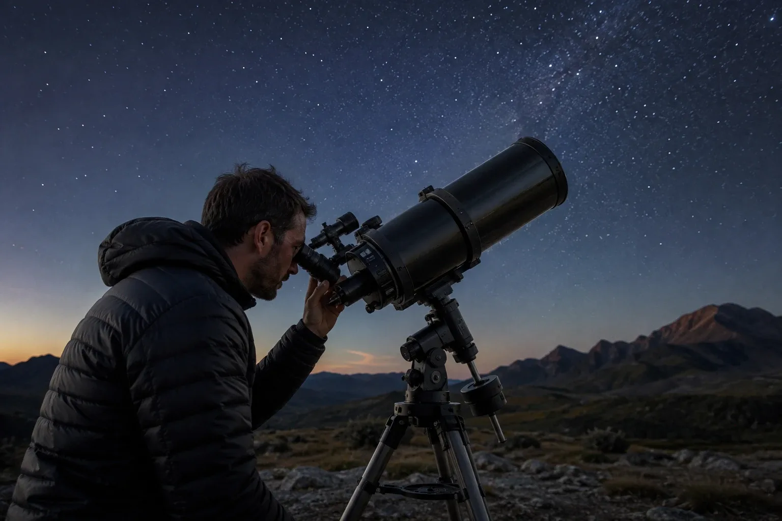 Telescope pointed at the night sky for planetary observation