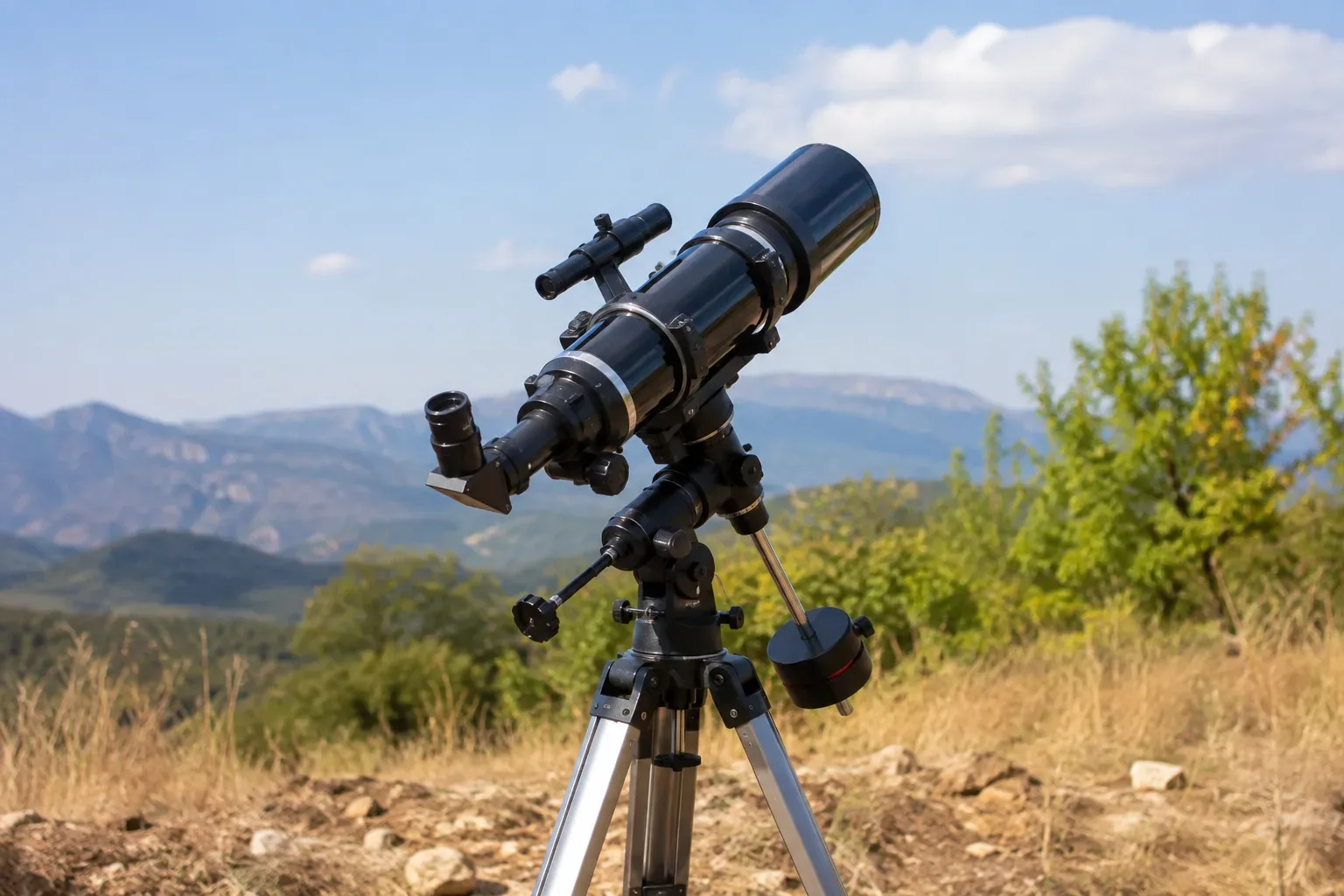 A telescope assembled and ready to use outdoors during the day